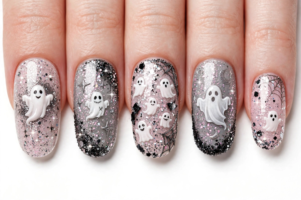 Sparkly Halloween nail inspo 2026 showcasing silver glitter oval nails with 3D ghost charms, black spiderwebs, and starry accents.   