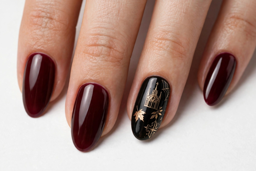 Moody Halloween nail inspo 2026 featuring glossy deep burgundy oval nails with a black accent nail detailed in gold gothic architecture and autumn leaves.   