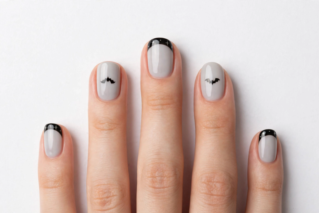 Minimalist Halloween nail inspo 2026 showcasing milky grey nails with subtle black French tips and tiny bat silhouette accents.   