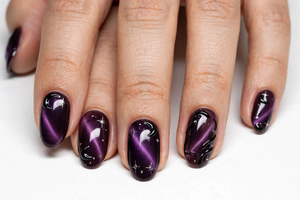 Moody Halloween nail inspo 2026 featuring deep purple cat-eye magnetic nails with glossy black crescent moons and delicate silver stars.   