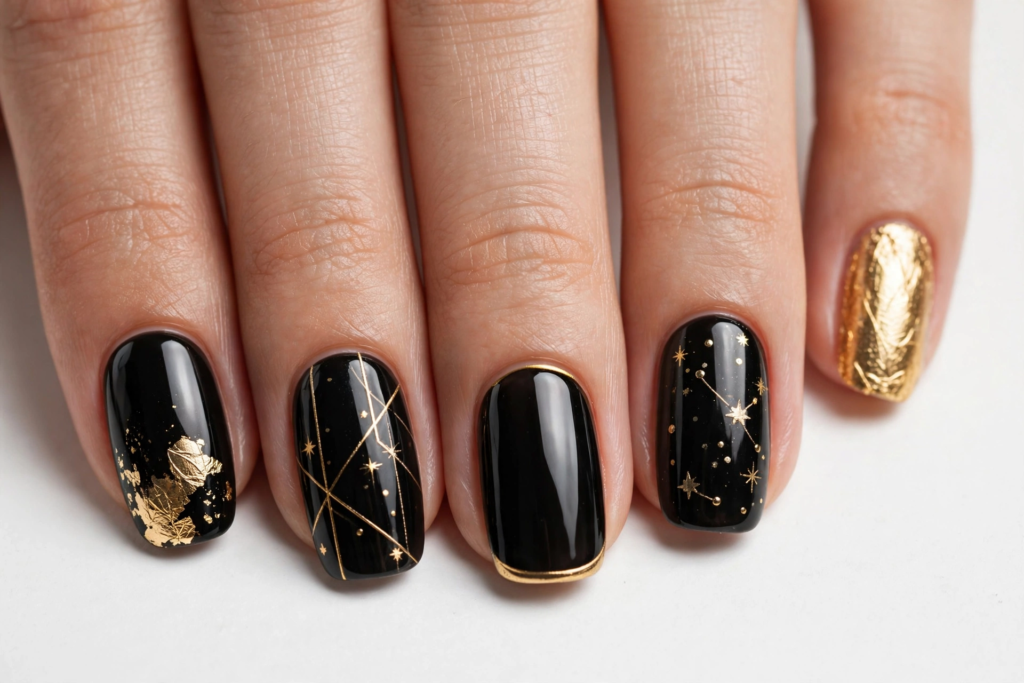 Luxurious Halloween nail inspo 2026 featuring glossy black short square nails with gold foil flakes, metallic celestial stars, and chrome line art.   