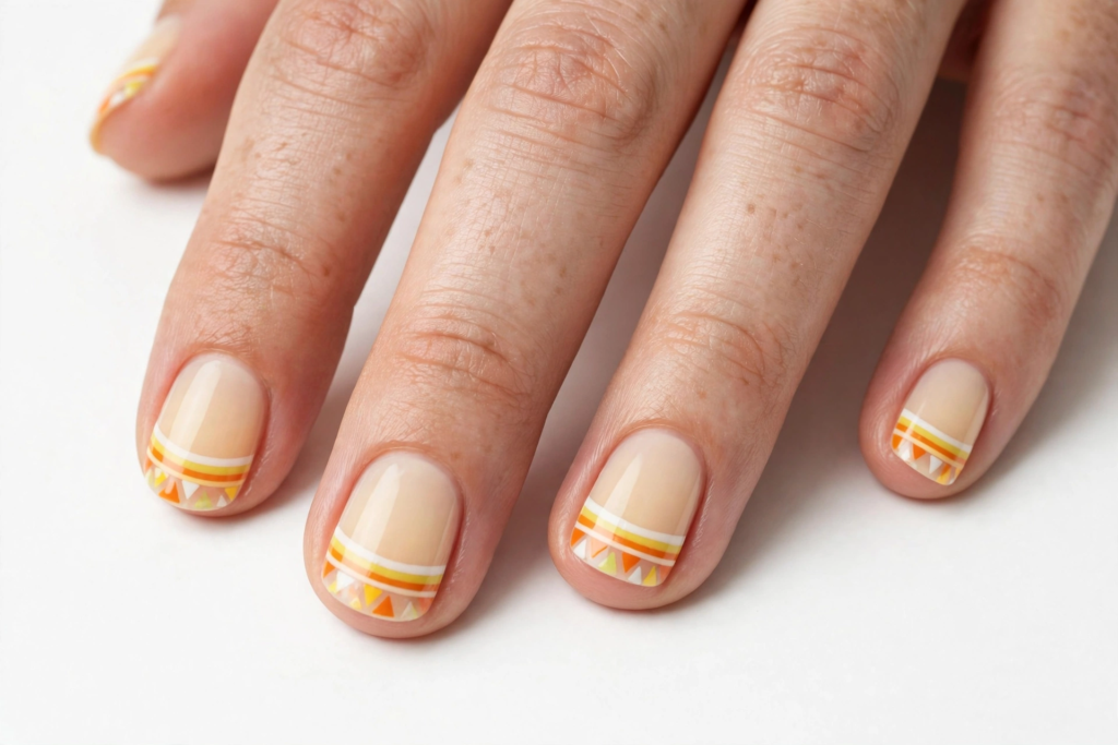 Minimalist candy corn Halloween nail inspo 2026 showcasing natural short square nails with geometric orange, yellow, and white French tips.   