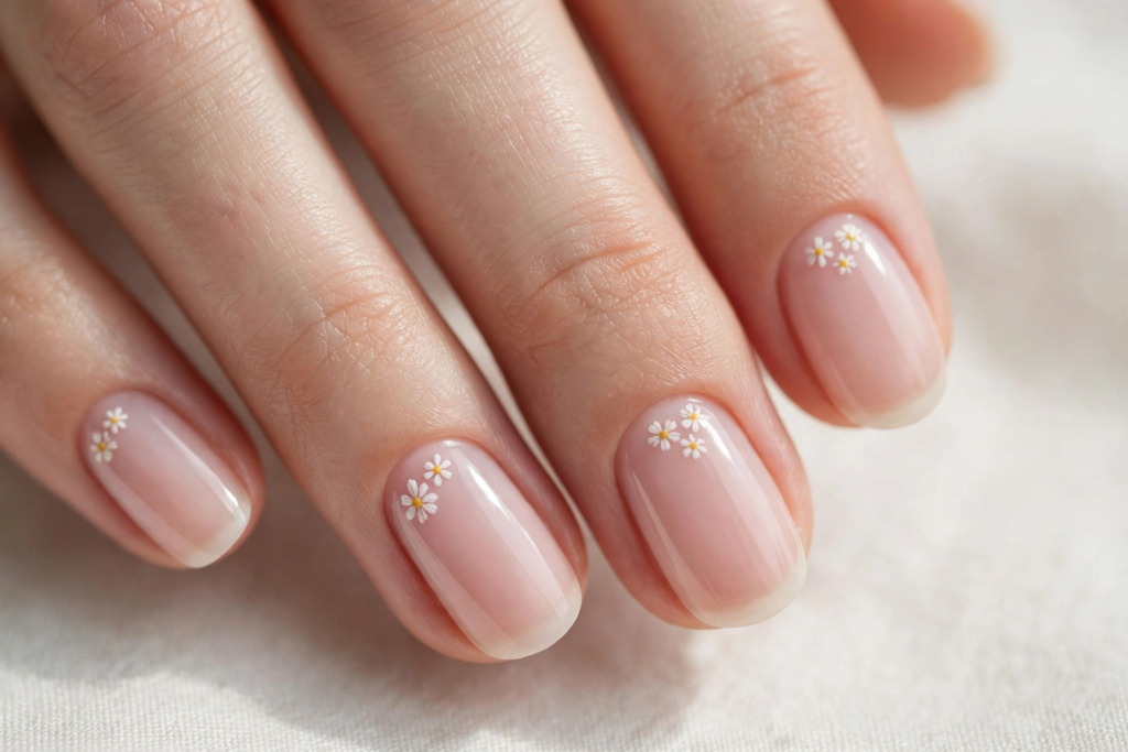 20 Simple Floral Nail Art Designs That Are Easy to Try Simple floral nail art designs featuring tiny white daisy clusters near the cuticles on glossy sheer nude nails.