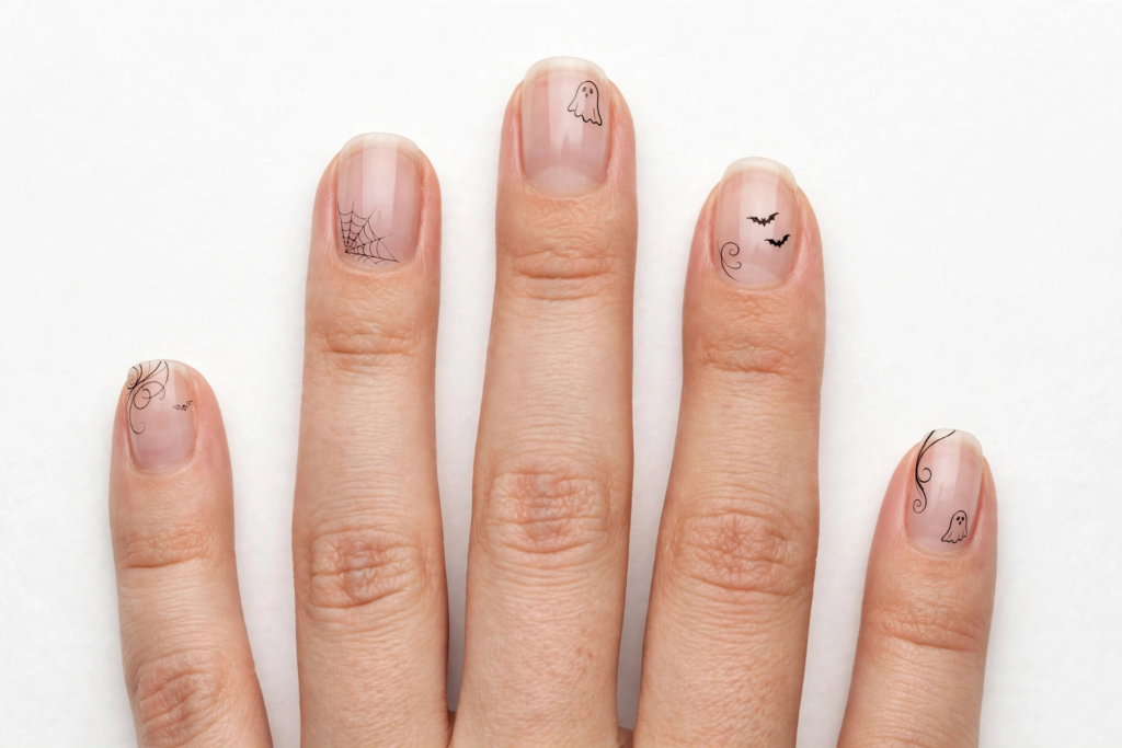 Minimalist Halloween nail inspo 2026 showcasing natural sheer nails with delicate micro line art of ghosts, bats, and spiderwebs.   