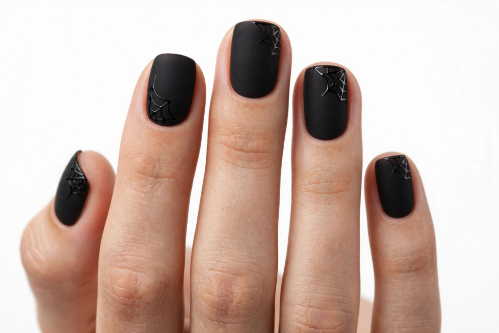 Matte black Halloween nail inspo 2026 showcasing short square nails with subtle glossy spiderweb corner art.   