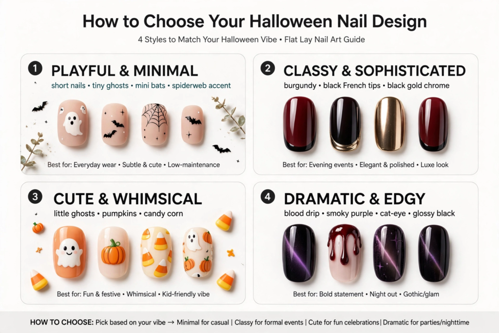 Visual guide featuring Halloween nail inspo 2026 with four curated styles: Playful & Minimal, Classy & Sophisticated, Cute & Whimsical, and Dramatic & Edgy.   