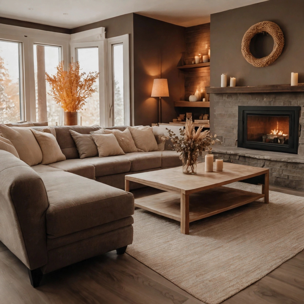 Cozy living room featuring modern fall decor ideas with neutral pillows on a sectional sofa, dried floral arrangements, pillar candles, and a glowing stone fireplace.