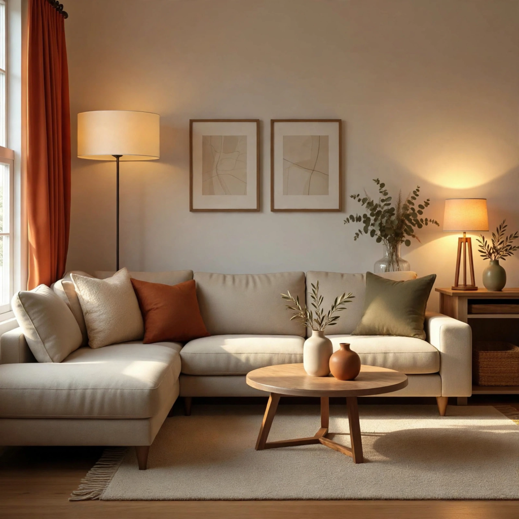 Cozy, sunlit living room showcasing modern fall decor ideas with rust-orange curtains, olive and terracotta accent pillows on a cream sectional sofa, and ceramic vases on a round wood coffee table.   
