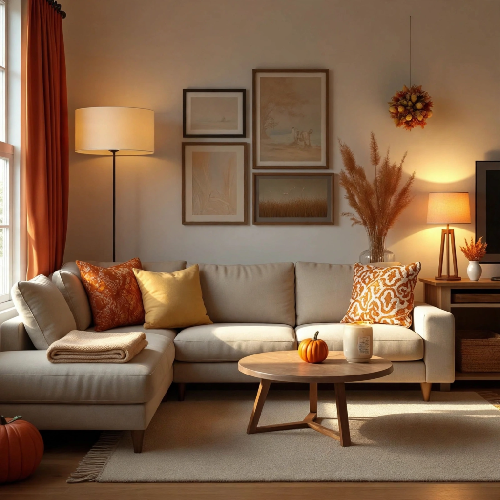 Warm living room styled with modern fall decor ideas, featuring rust and mustard throw pillows on a beige sectional, a small pumpkin on the coffee table, and framed autumn wall art.   