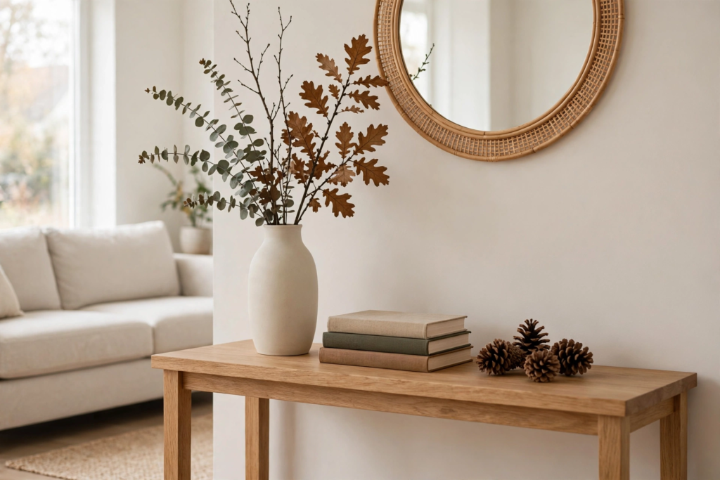 Minimalist entryway showcasing modern fall decor ideas with a ceramic vase of eucalyptus and dried oak leaves, stacked linen books, and pinecones on a light wood console table.   