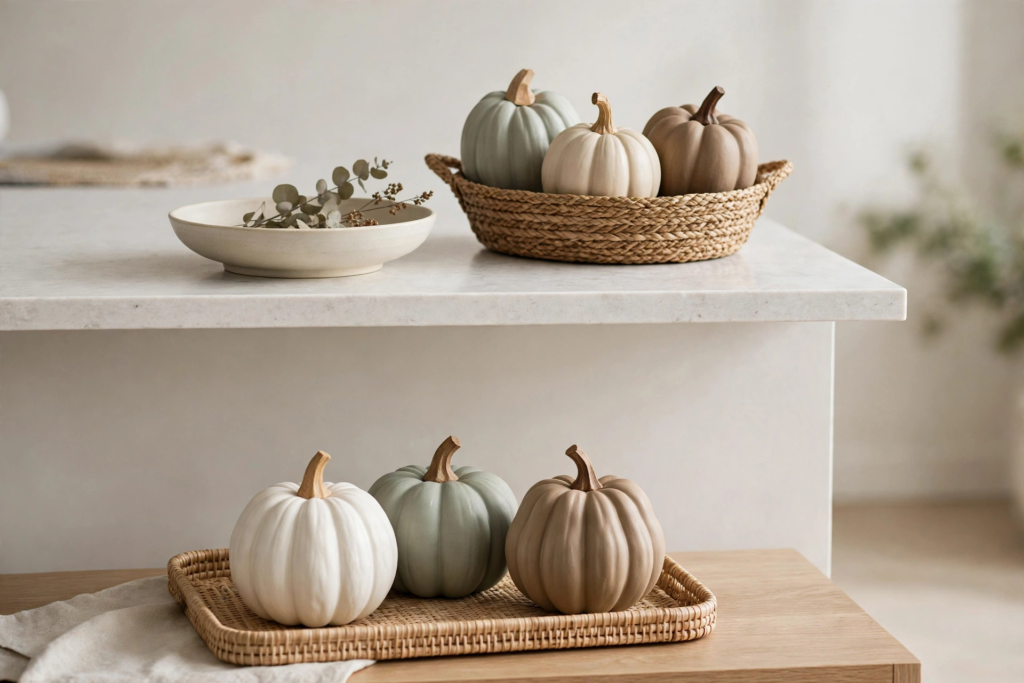 Muted ceramic pumpkins displayed in woven baskets as modern fall decor ideas on a marble kitchen island and wooden counter.   