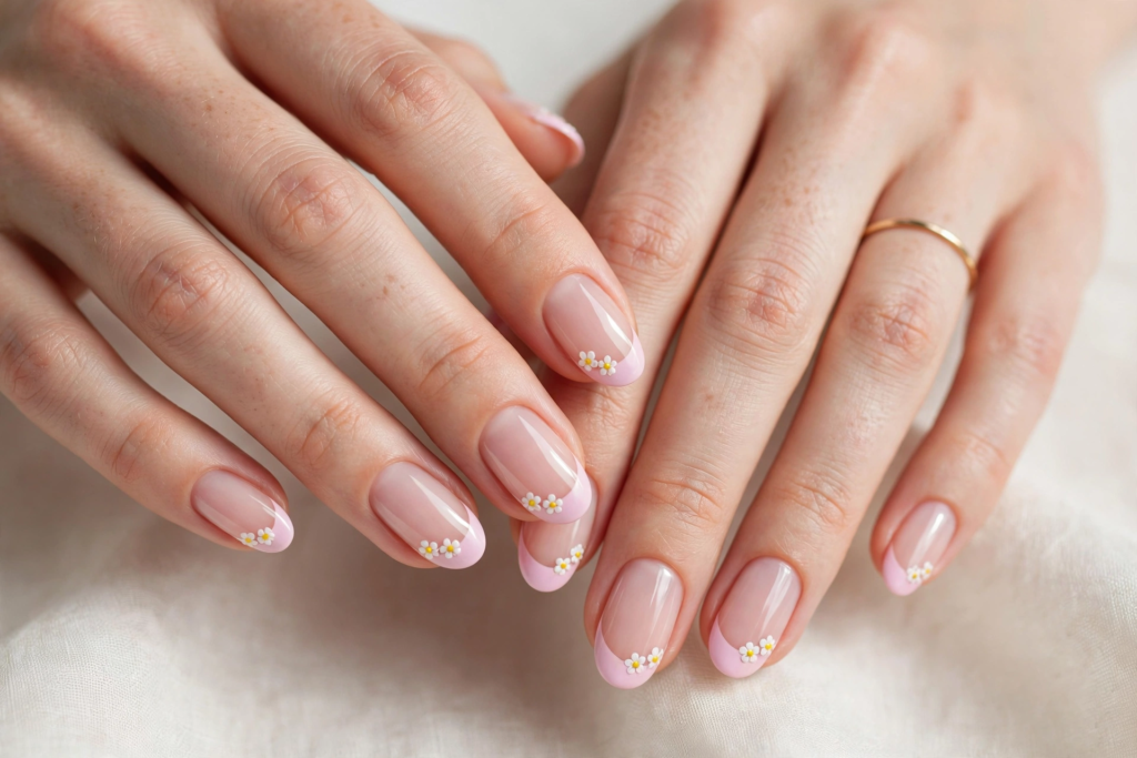 20 Simple Floral Nail Art Designs That Are Easy to Try Simple floral nail art designs featuring tiny white daisies along pastel pink French tips on oval nude nails.