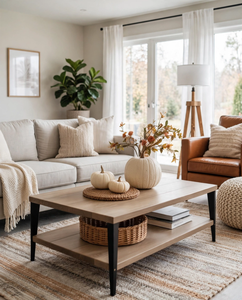 Bright neutral living room styled with modern fall decor ideas, featuring a pumpkin vase with autumn florals and cream ceramic pumpkins on a two-tier wooden coffee table.   