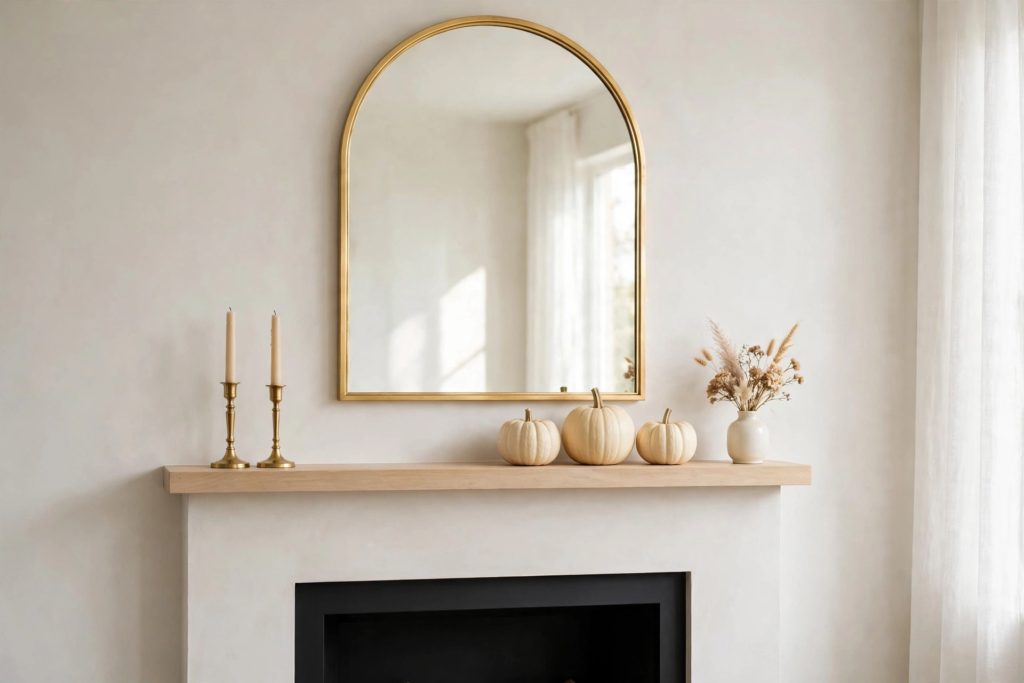 Elegant fireplace mantel featuring modern fall decor ideas with white ceramic pumpkins, brass candlesticks, dried botanicals, and an arched gold mirror.   