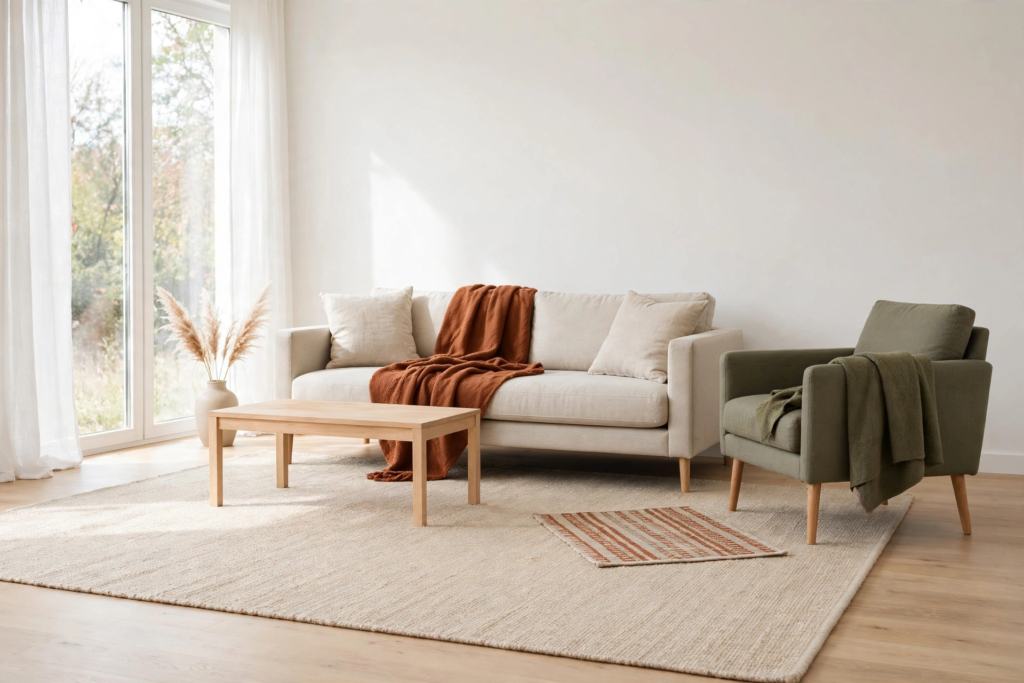 Airy living room showcasing modern fall decor ideas with a rust knit blanket draped over a beige sofa, an olive armchair, and pampas grass.   