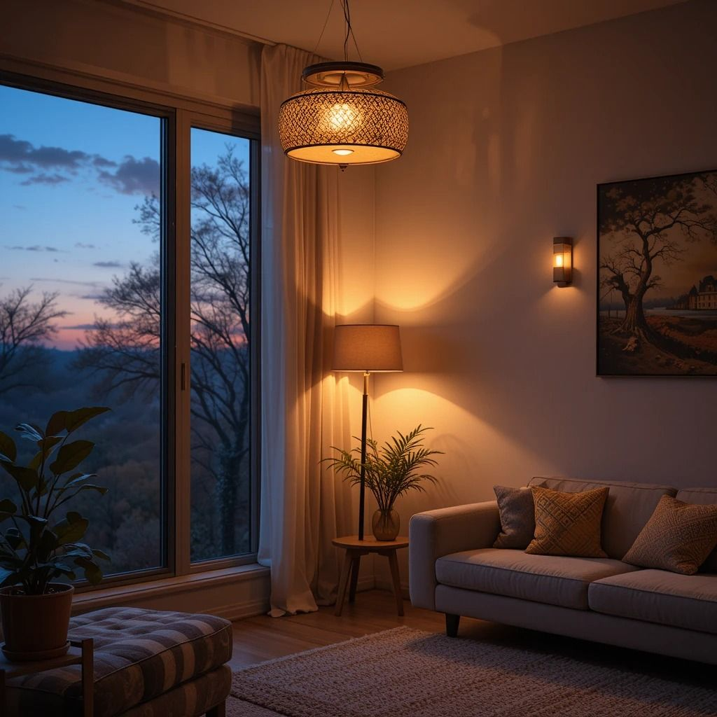 Cozy living room highlighting modern fall decor ideas with warm ambient floor lamps, textured throw pillows, and floor-to-ceiling windows overlooking an autumn dusk sky.   