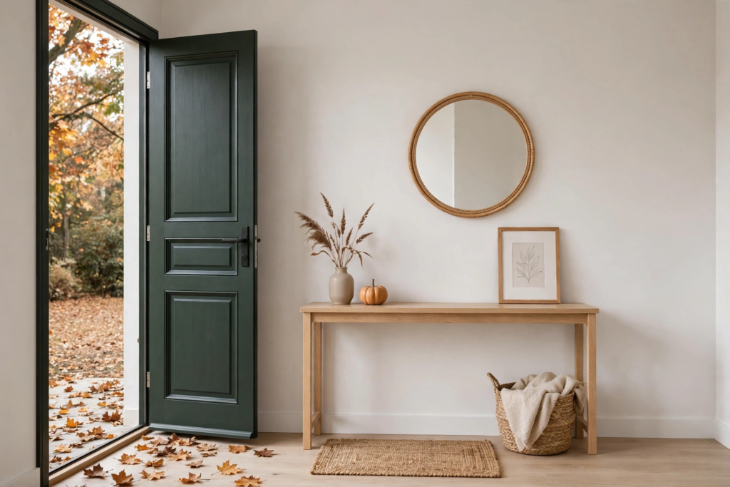 Minimalist entryway showcasing modern fall decor ideas with a small pumpkin, dried wheat in a vase, and a round wall mirror above a light wood console table beside an open dark green door.   