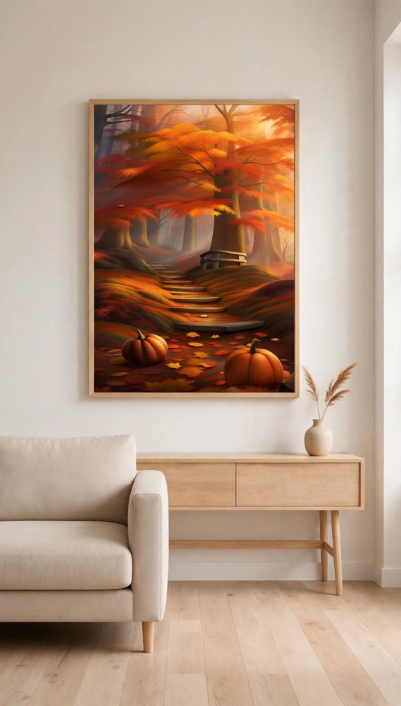Modern fall decor ideas featuring large framed autumn woodland wall art above a light wood console table beside a beige sofa.   