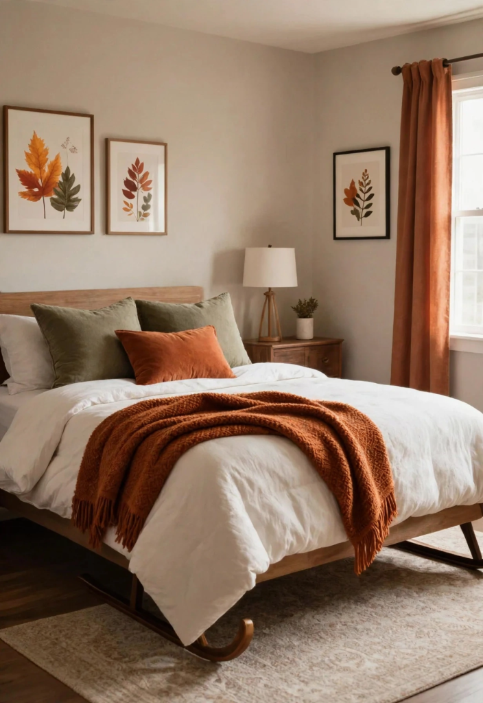 Cozy bedroom styled with modern fall decor ideas, featuring a rust-orange knit throw blanket, olive green pillows, matching rust curtains, and framed autumn leaf botanical prints.   