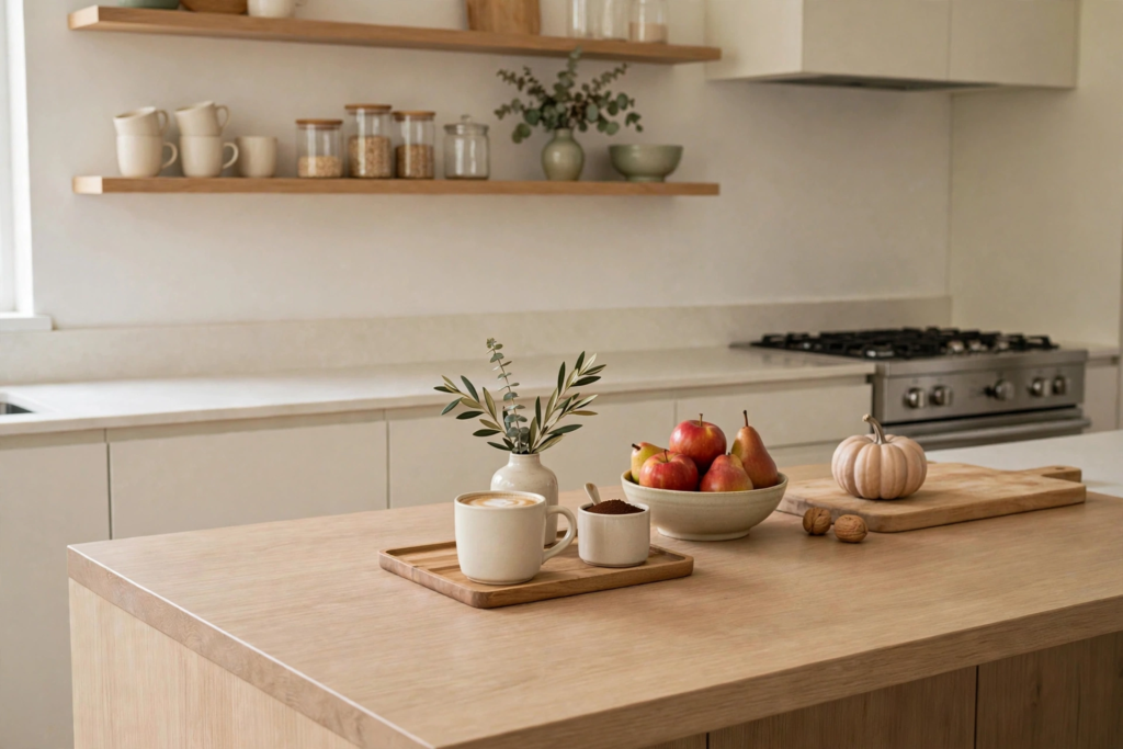 Modern fall decor ideas for a kitchen island featuring a bowl of apples and pears, a ceramic pumpkin on a cutting board, and a warm coffee mug on a wooden tray.   