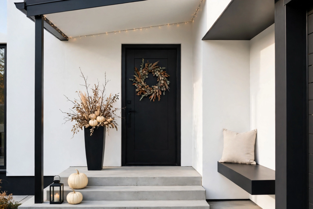 Modern fall decor ideas for a front porch featuring a black front door with a dried botanical wreath, white pumpkins on concrete steps, and a tall black planter filled with autumn branches.   