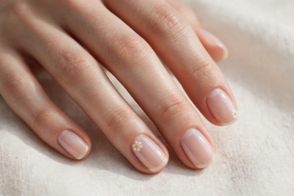 20 Simple Floral Nail Art Designs That Are Easy to Try Simple floral nail art designs featuring a single micro white daisy accent on short, glossy natural nude nails.