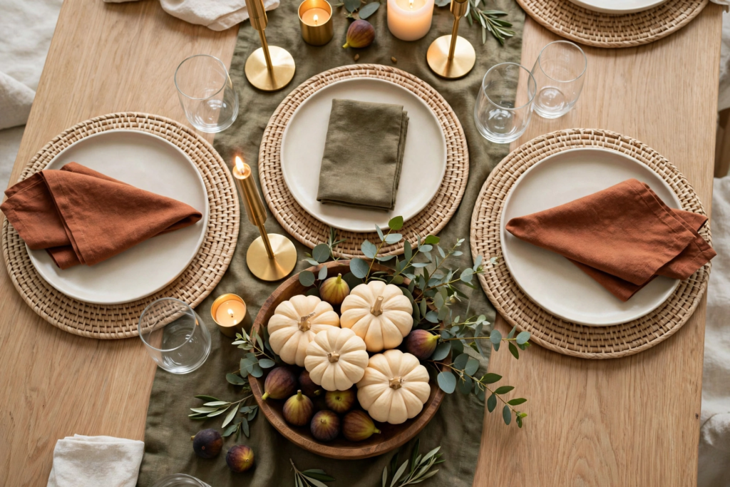 Modern fall decor ideas for a Thanksgiving dining table featuring a wooden bowl of white mini pumpkins and fresh figs, gold taper candlesticks, and woven placemats with rust linen napkins.   