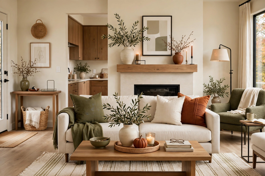 Modern fall decor ideas styled in an open-concept living room with olive green and rust pillows, a small pumpkin and candle tray on the coffee table, and an earthy fireplace mantel display.   