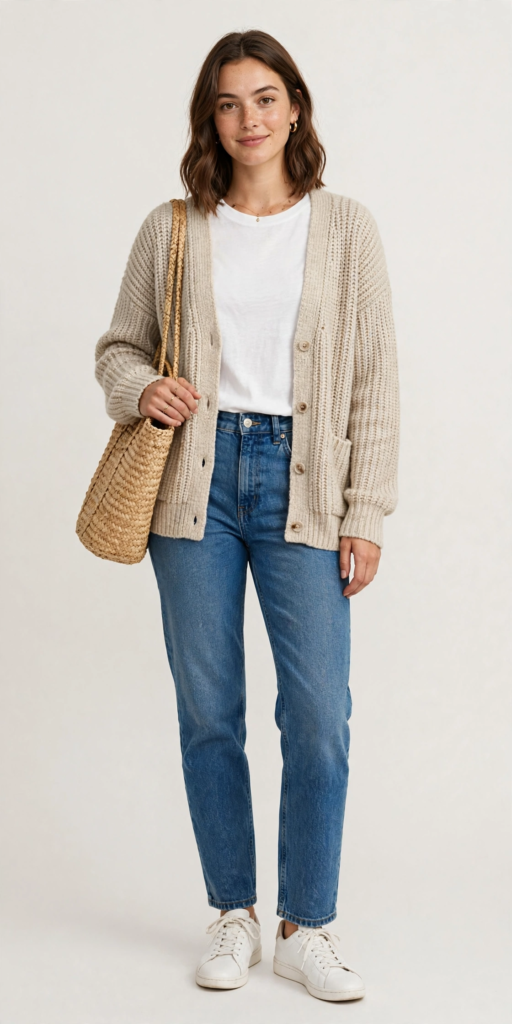 15 Cute and Simple Outfit Ideas for Women Woman wearing cute outfit ideas featuring a chunky oatmeal knit cardigan, white t-shirt, high-waisted blue jeans, white sneakers, and a woven straw tote bag.
