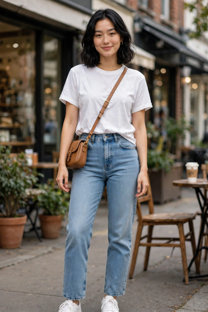 15 Cute and Simple Outfit Ideas for Women Woman showcasing cute outfit ideas in a classic white crewneck t-shirt, light-wash straight-leg jeans, white sneakers, and a tan leather crossbody bag.