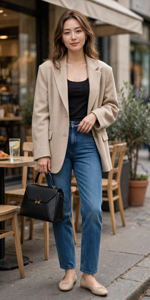 15 Cute and Simple Outfit Ideas for Women Woman demonstrating cute outfit ideas in an oversized beige wool blazer, black scoop-neck top, high-waisted blue jeans, nude ballet flats, and a structured black handbag.