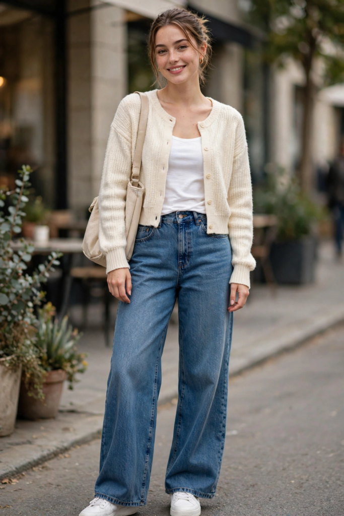15 Cute and Simple Outfit Ideas for Women Woman wearing cute outfit ideas featuring a cream cropped knit cardigan, white scoop-neck top, high-waisted wide-leg blue jeans, white sneakers, and an off-white shoulder bag.