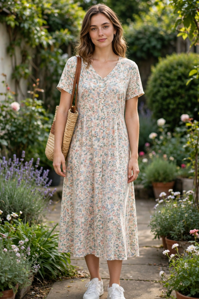 15 Cute and Simple Outfit Ideas for Women Woman wearing cute outfit ideas featuring a floral print short-sleeve midi dress, white sneakers, and a woven straw tote bag.