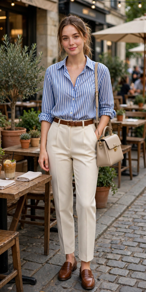 15 Cute and Simple Outfit Ideas for Women Woman wearing cute outfit ideas featuring a blue-and-white striped button-down shirt, cream tailored trousers, a brown leather belt, brown loafers, and a beige top-handle shoulder bag.