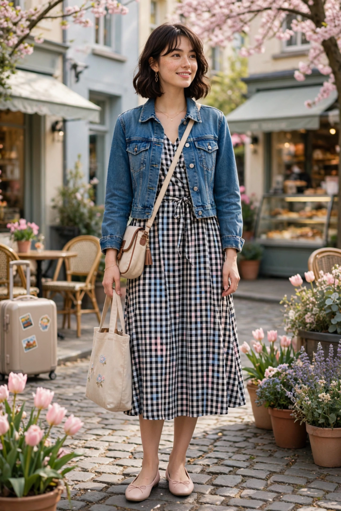 15 Cute and Simple Outfit Ideas for Women Woman wearing cute outfit ideas featuring a gingham midi dress, cropped blue denim jacket, blush pink ballet flats, a crossbody purse, and a canvas tote bag.