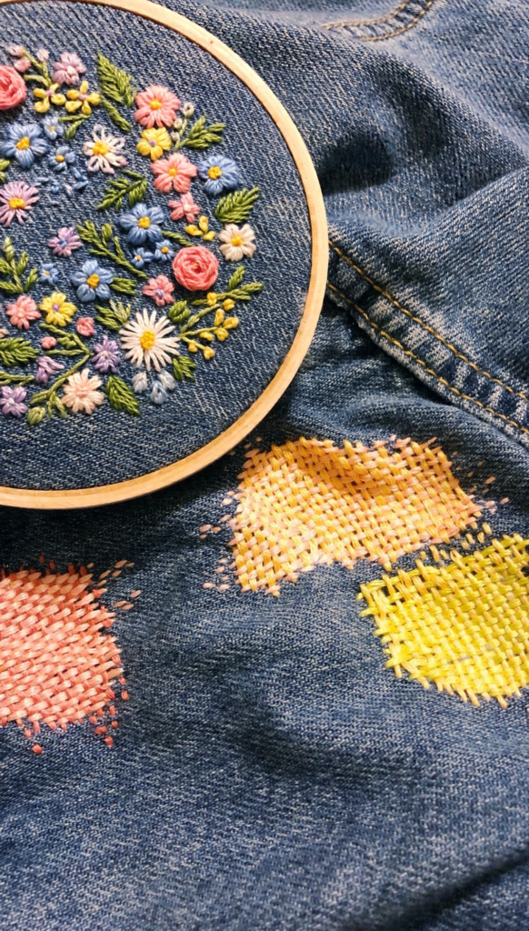 20 Nostalgic Crafts Making a Comeback in 2026 Embroidered denim fabric in a wooden hoop with colorful floral needlework alongside pastel woven visible mending patches, highlighting nostalgic crafts 2026 visible mending and clothing repair ideas.