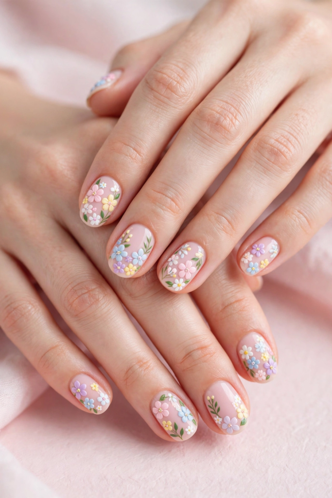 20 Simple Floral Nail Art Designs That Are Easy to Try Simple floral nail art designs featuring pastel 3D sculpted flowers and green leafy accents on short glossy nude nails.