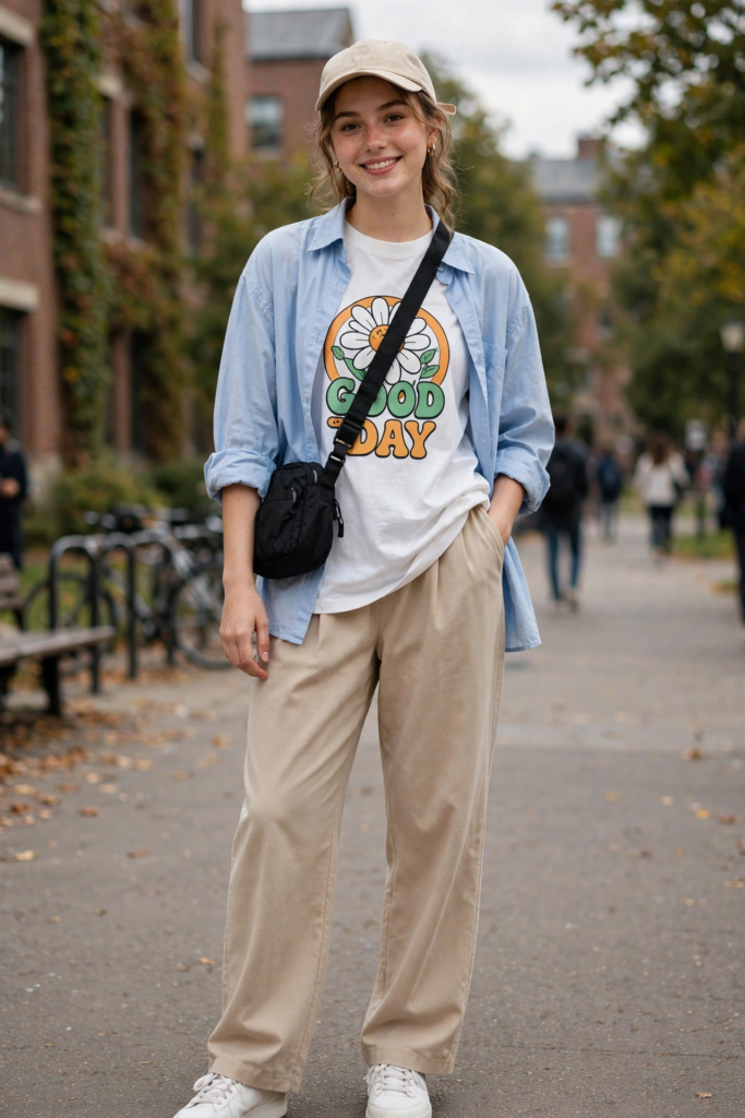 15 Cute and Simple Outfit Ideas for Women Woman wearing cute outfit ideas featuring a graphic t-shirt, open light-blue button-down shirt, beige wide-leg pants, a matching baseball cap, white sneakers, and a black crossbody bag.