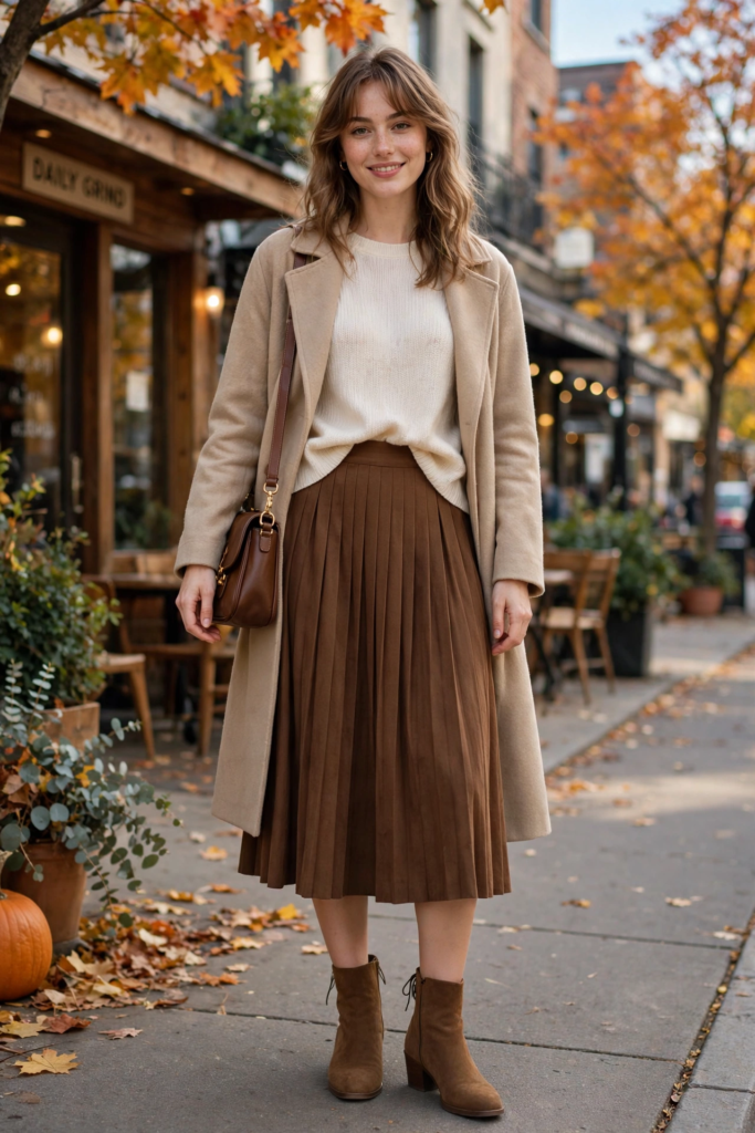 15 Cute and Simple Outfit Ideas for Women Woman wearing cute outfit ideas featuring a camel tailored coat, cream crewneck sweater, brown pleated midi skirt, brown suede ankle boots, and a matching leather crossbody bag.
