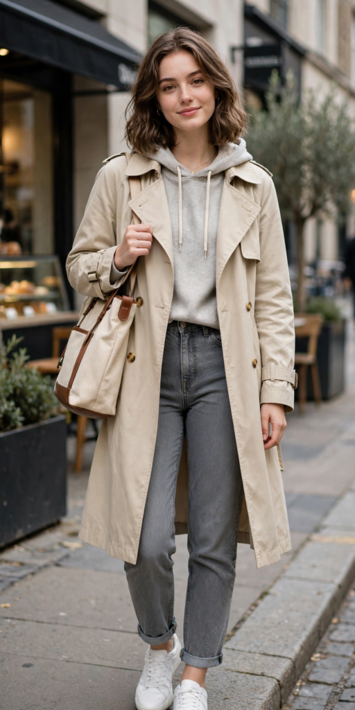 15 Cute and Simple Outfit Ideas for Women Woman wearing cute outfit ideas featuring a classic beige trench coat over a grey hoodie, rolled-cuff grey jeans, white sneakers, and a canvas shoulder tote.