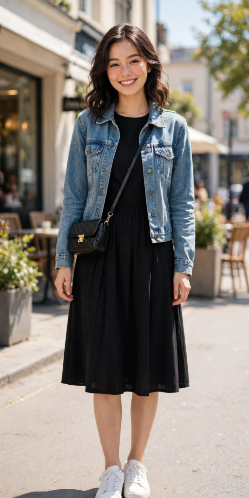 15 Cute and Simple Outfit Ideas for Women Woman wearing cute outfit ideas featuring a classic denim jacket layered over a black midi dress, white sneakers, and a quilted black crossbody bag.
