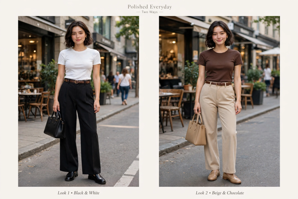 15 Cute and Simple Outfit Ideas for Women Side-by-side comparison of cute outfit ideas showing a woman styling tailored trousers and t-shirts two ways: black and white, and beige and chocolate brown.