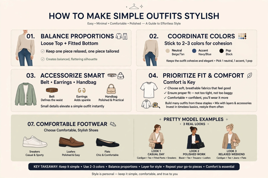 15 Cute and Simple Outfit Ideas for Women Infographic sharing cute outfit ideas and styling tips titled "How to Make Simple Outfits Stylish" with advice on proportions, color coordination, accessories, fit, and footwear.