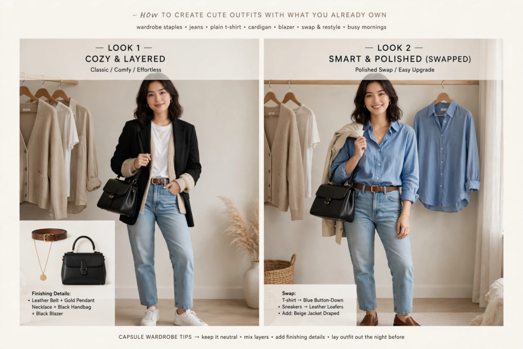 15 Cute and Simple Outfit Ideas for Women Side-by-side capsule wardrobe guide showing cute outfit ideas: Look 1 "Cozy & Layered" with a black blazer over a knit cardigan and jeans, and Look 2 "Smart & Polished" swapping for a blue button-down and loafers.