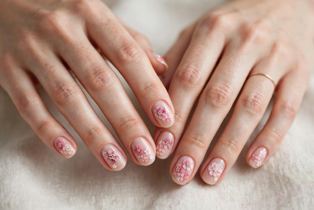 20 Simple Floral Nail Art Designs That Are Easy to Try Simple floral nail art designs featuring delicate pink cherry blossoms and tiny white petals on short nude nails.