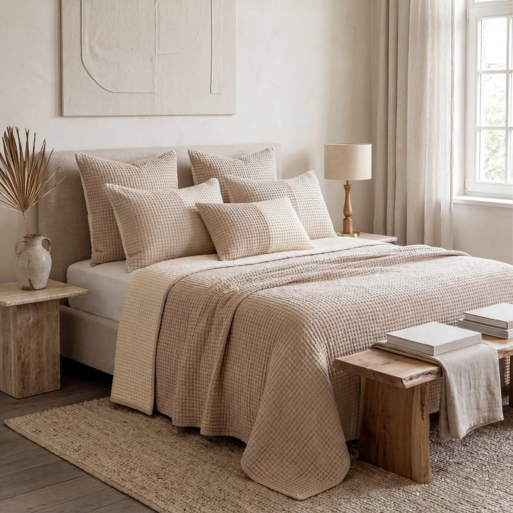 Bedding Set Ideas 2026: 15 Stylish Looks for Your Bedroom Neutral waffle weave duvet and sham bedding set ideas 2026 styled in an organic modern beige bedroom.