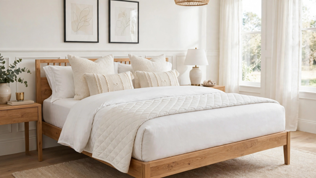 Bedding Set Ideas 2026: 15 Stylish Looks for Your Bedroom Crisp all-white duvet with quilted bed runner and bouclé cushions showcasing bedding set ideas 2026 on a natural oak wooden bed.