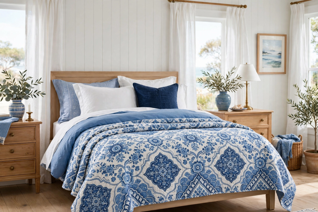 Bedding Set Ideas 2026: 15 Stylish Looks for Your Bedroom Blue and white damask quilt layered with solid blue linens showcasing coastal bedding set ideas 2026 on a light wood bed.