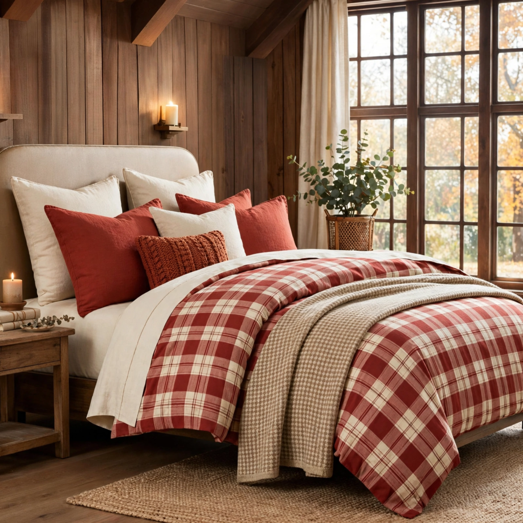 Bedding Set Ideas 2026: 15 Stylish Looks for Your Bedroom Rust red plaid comforter set layered with terracotta pillows showcasing cozy cabin bedding set ideas 2026 in a rustic bedroom.