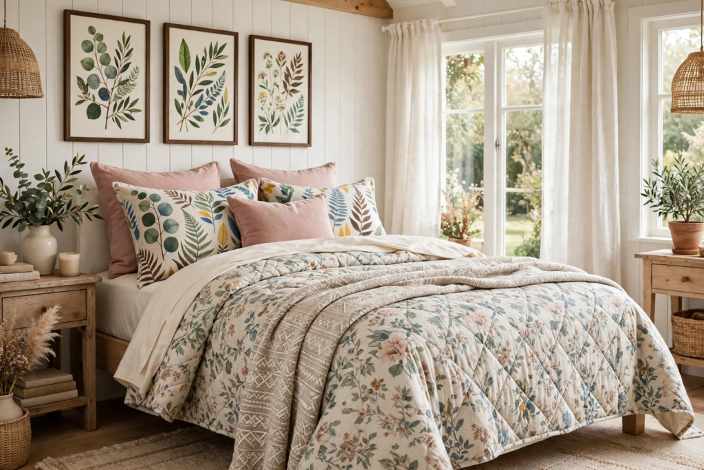 Bedding Set Ideas 2026: 15 Stylish Looks for Your Bedroom Quilted floral comforter with dusty rose and botanical print pillows demonstrating cottagecore bedding set ideas 2026 in a sunny bedroom.